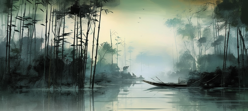 中国风水墨画绿竹竹叶湖泊上无人的小船端午节山水画插画背景,插画/手绘图,插画/手绘图库,插画/手绘图下载,插画/手绘